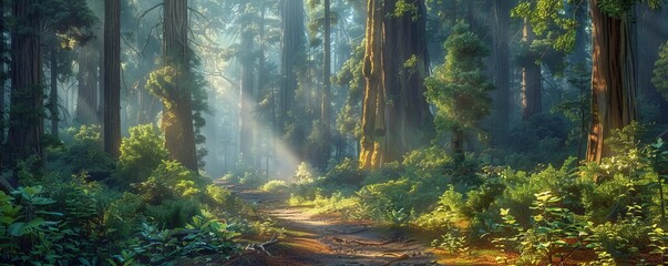 Fototapeta premium An ancient forest filled with towering redwoods and winding paths, where shafts of sunlight filter through the canopy above.