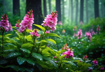 Obraz premium vibrant blooming flowers surrounded ethereal mist lush forest environment, petals, nature, greenery, landscape, trees, sunlight, flora, beauty, garden, colors