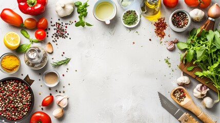 A colorful flat lay setup of a kitchen counter filled with cooking utensils