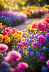 Obraz premium vibrant flower bed showcasing harmonious blend colors lush greenery diverse floral varieties, bloom, petal, garden, landscape, design, plant, blossom