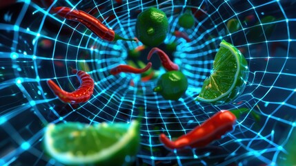 Obraz premium A colorful digital abstract featuring lime and chili peppers swirling in a vibrant blue mesh network.