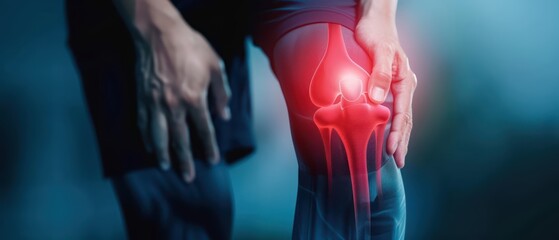 Knee pain with a red highlight on the affected area, banner, with copy space