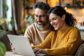 Portrait of a content couple in their 30s using a laptop together