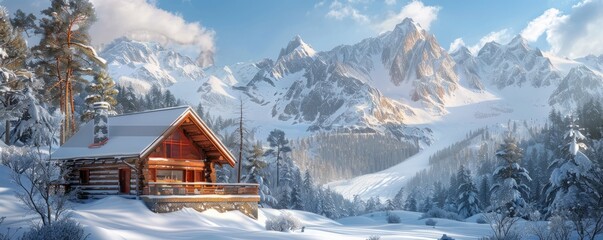 Cozy mountain cabin surrounded by snow-capped peaks, 4K hyperrealistic photo