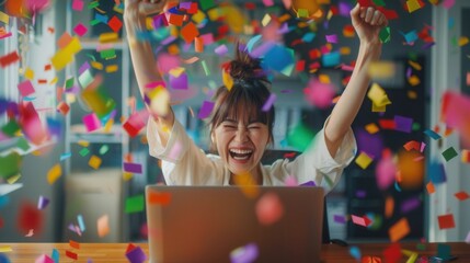 Fototapeta premium Happy Japanese woman celebrating a work victory with a laptop surrounded by colorful confetti in an office