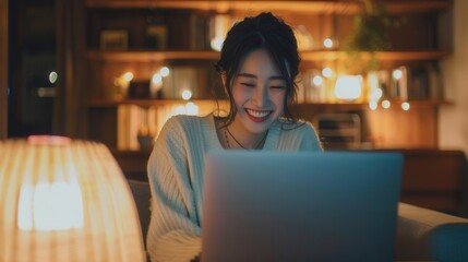 Thrilled Japanese woman with a beaming smile and laptop in a cozy home setting reflecting her success