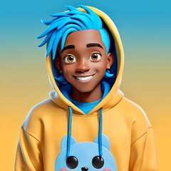 Cute 3d cartoon young black man with blue hair, large cartoon eyes, wearing yellow hoodie, gradient yellow-blue background, smiling, kawaii aesthetic, character art, ambient occlusion, ultra realistic