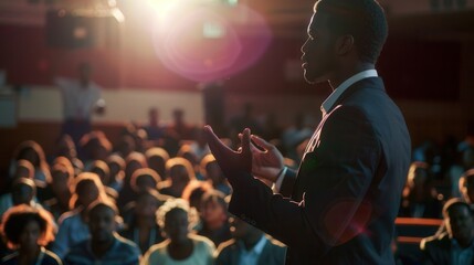 Inspiring pep talk in a bright community center with a motivational speaker engaging a diverse audience