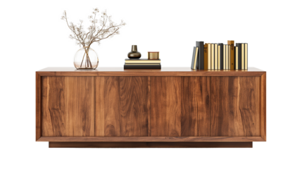 A wooden bookshelf with a vase of flowers on top and a few books on the shelf isolated on a transparent background
