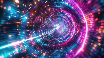 Obraz premium A vibrant digital tunnel filled with glowing lights and energy, creating an immersive sense of motion and depth.