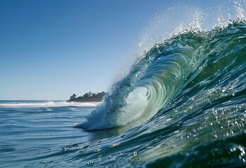 a beautiful wave in the pacific ocean with a clear sky