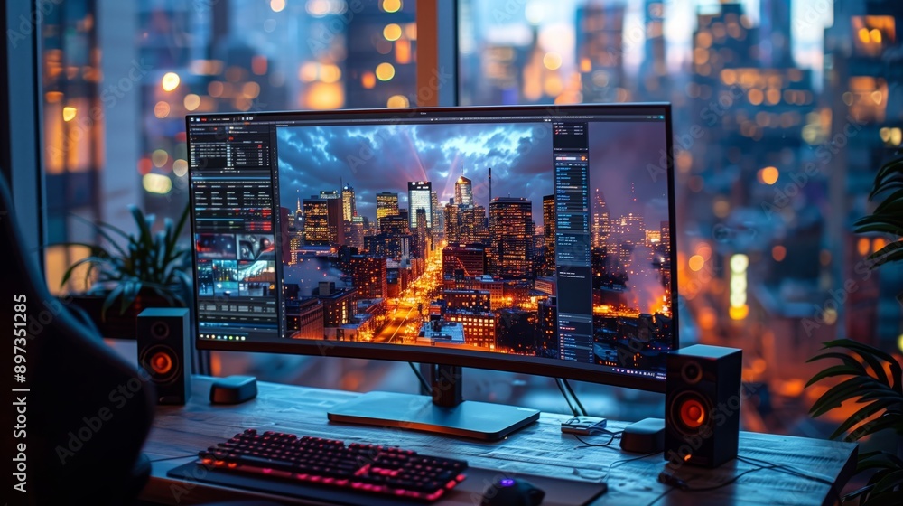 Poster a modern desk with a large monitor displaying a cityscape at night. the desk is also equipped with a