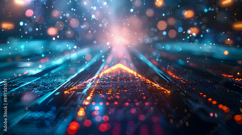 Poster stylized 3d of a glowing light arrow made of dynamic particle effects against a vibrant high tech di