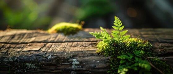 Naklejka premium Sunlight filtering on mossy logs on wooden table A natural wooden table adorned with mosscovered logs
