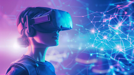 a person wearing a VR headset exploring the metaverse, with virtual worlds and avatars floating around. The backdrop is a blend of vibrant digital landscapes and interconnected vir
