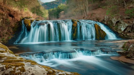 A waterfall is flowing over rocks in a forested area, AI