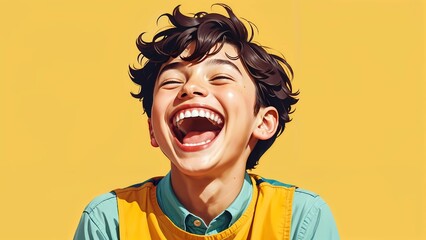boy laughing on yellow background