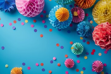 Fototapeta premium colorful party background with balloons, confetti and colorful noisemakers on blue table top view