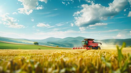 Fototapeta premium A modern combine harvester working in a corn field in the distance, wide shot, photo of a combine cutting corn under a bright sky, with green fields and a picturesque mountain background. 