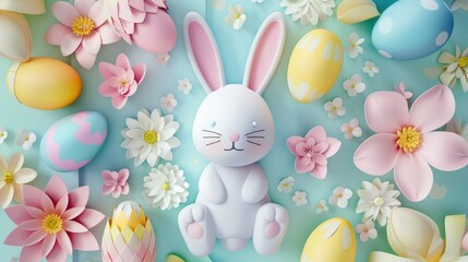Obraz premium Adorable pastel bunny surrounded by Easter eggs in 3D paper art, Happy Easter Day!
