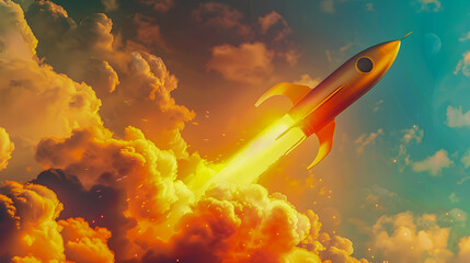 A surreal digital art piece depicting a golden rocket launching from a curved arrow in a dynamic pose with an extreme closeup view