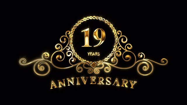 19th Anniversary Celebration. Happy 19 Years Anniversary Animation in Gold Color on the Transparent Background, Alpha Channel. Great for greetings, celebrations, events, and gifts.