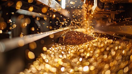 Detailed close-up of gold ore being crushed and processed in a high-efficiency milling machine