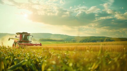 Fototapeta premium A modern combine harvester working in a corn field in the distance, wide shot, photo of a combine cutting corn under a bright sky, with green fields and a picturesque mountain background. 