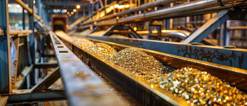 Gold processing plant with conveyor belts and high-tech machinery separating gold from raw material