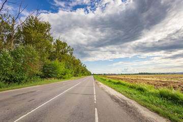 A road with a few trees on the side and a cloudy sky