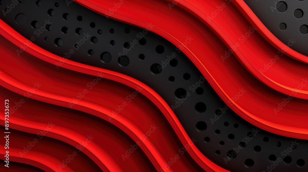 Poster abstract red and black wavy background with circular holes creating a dynamic and modern texture.