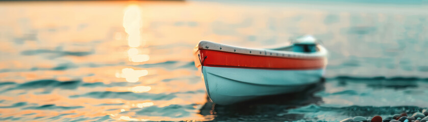 Serene evening scene of a small boat on calm water with a golden sunset in the background, perfect for peaceful and tranquil themes.