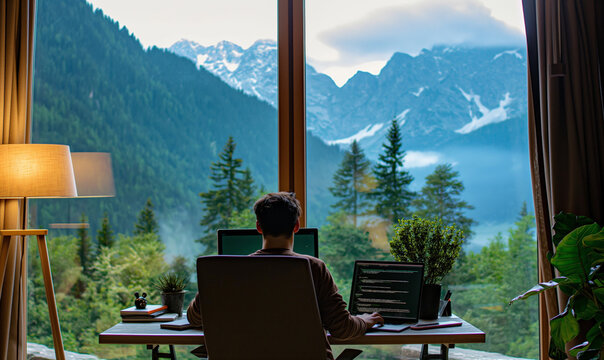 Man working remotely with stunning mountain view