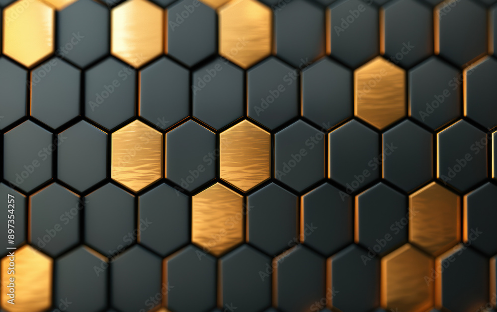 Poster abstract black and gold hexagonal pattern background. modern futuristic design with metallic texture