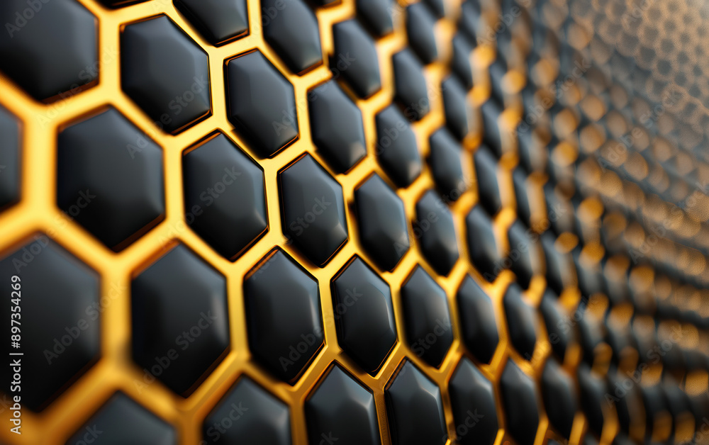 Aufkleber close-up of a black and gold honeycomb pattern, creating a striking geometric background with modern