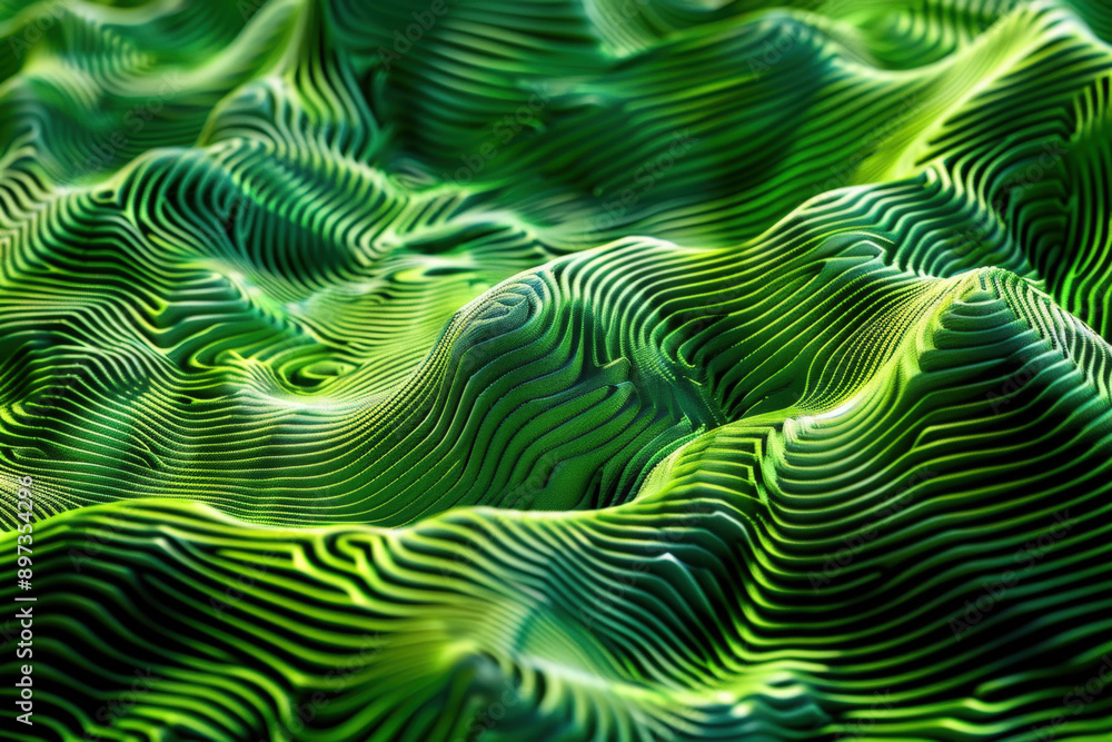 Poster creating a vibrant green abstract landscape with flowing lines, blending nature and technology in a 