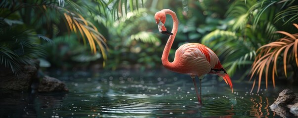 Elegant flamingo wading in a shallow pond, 4K hyperrealistic photo