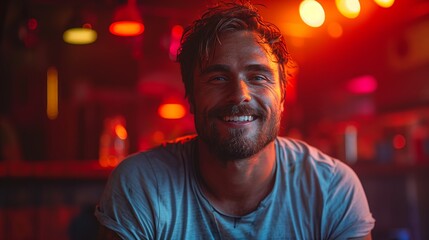 Fototapeta premium Smiling Man in a Bar With Red Lights