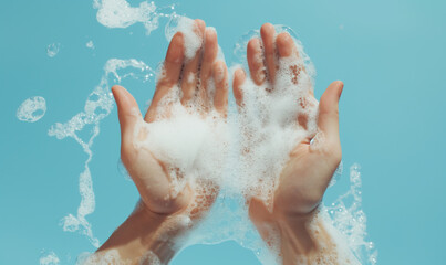 Fototapeta premium Hands covered in soap suds against a blue background
