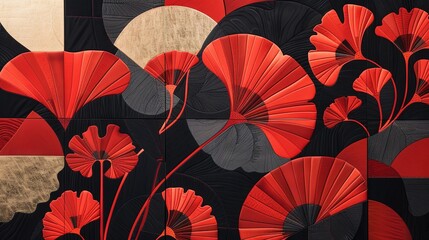 An artistic patchwork combining geometric shapes and ginkgo leaf motifs in red and black, arranged to form a visually stunning composition