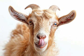 Fototapeta premium A goat is looking at the camera with its tongue out
