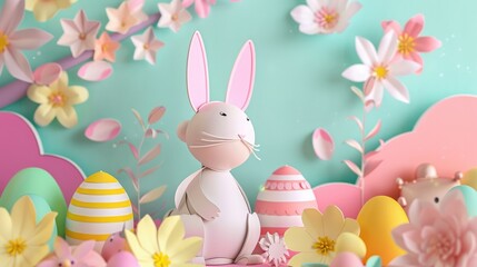 Obraz premium Cheerful pastel bunny with Easter eggs in paper art, wishing you a Happy Easter Day