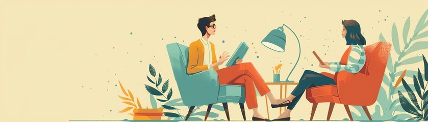 A therapist and patient are sitting in chairs, talking. The therapist is listening attentively, and the patient is looking at them with trust in their eyes. The background is a warm, inviting color.