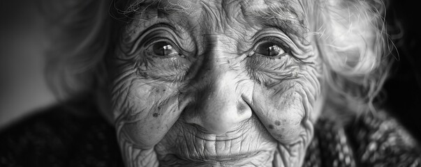 A wrinkled face etched with laughter lines, radiating kindness and warmth.