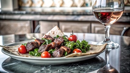 Image of kebab, fried pieces of meat, barbecue, grilled on coals, on a beautiful tray, on a table, in a restaurant, beautiful design, vegetables, tomato, herbs. Macro photography