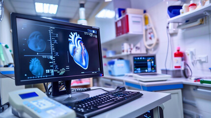 Modern medical equipment for cardio logical examination, ultrasound hearth diagnostics, echocardiogram, ECG monitor and computer system for analysis in a hospital clinic for healthcare and therapy