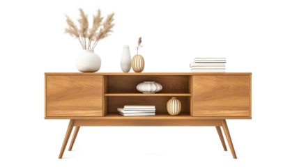 A wooden bookshelf with a vase of flowers on top and a few books on the shelf isolated on a transparent background