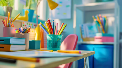 Desktop with books, notebooks, papers, and wooden pencils, different color crayons, supplies equipment for writing and drawing in an empty children's classroom, kindergarten, back to school, education