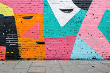 Fototapeta premium Colorful geometric mural on a brick wall with vibrant shapes and patterns. Urban street art depicting abstract designs in various hues and forms.