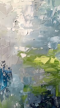  abstract acrylic patining by knife, hudson river, broad strokes, greys and blues and soft green 
